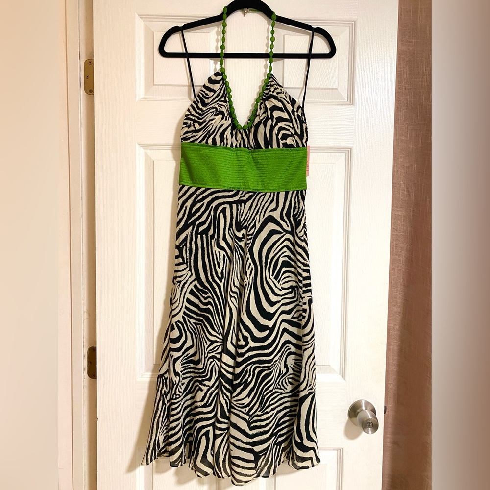 Phoebe Couture Zebra Print Mini Dress with Green Accent